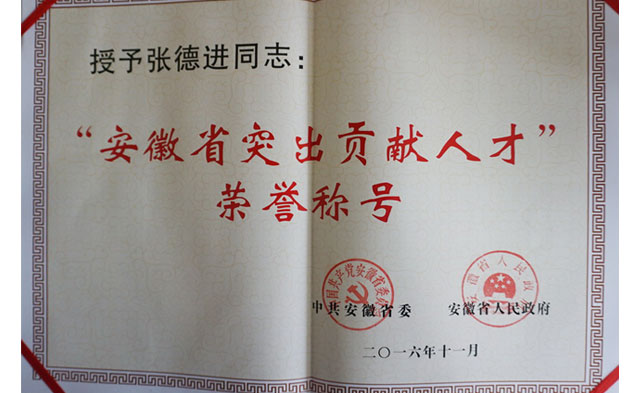 張德進(jìn)董事長獲省委省政府授予的“安徽省突出貢獻(xiàn)人才”榮譽(yù)稱號(hào)